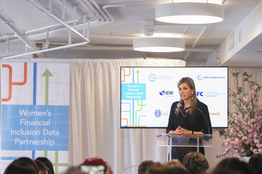 Her Majesty Queen Máxima speaks at a Data2X Women's Financial Inclusion Data partnership event in April 2018. 